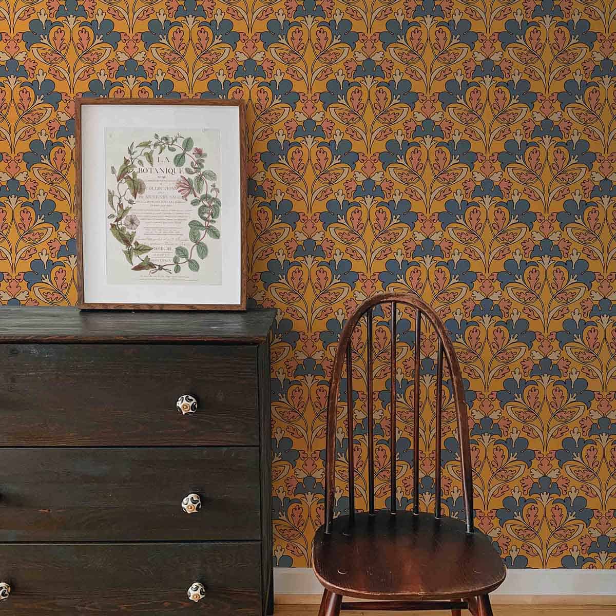 art nouveau wallpaper with dresser and chair.
