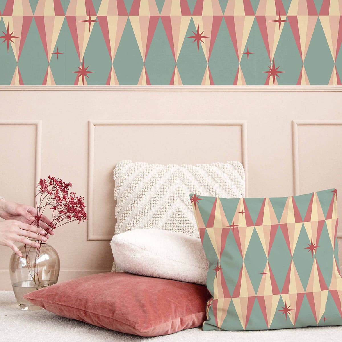 diamond mid century modern wallpaper with cushions.