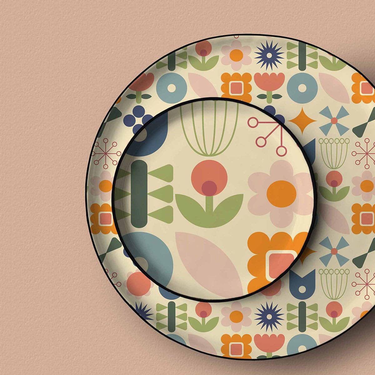 mid century modern pattern on plates.