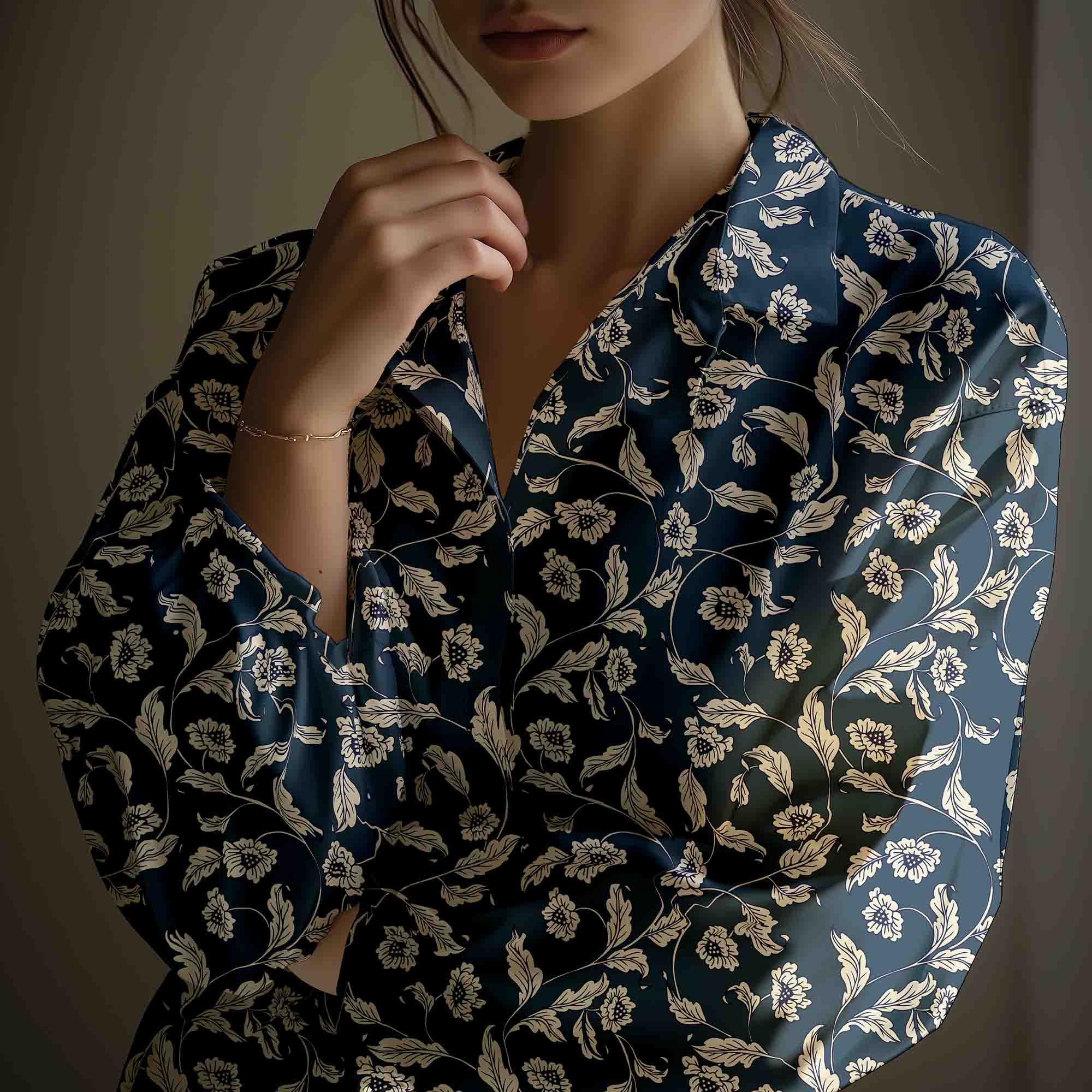 chinoiserie pattern on a woman's blouse.