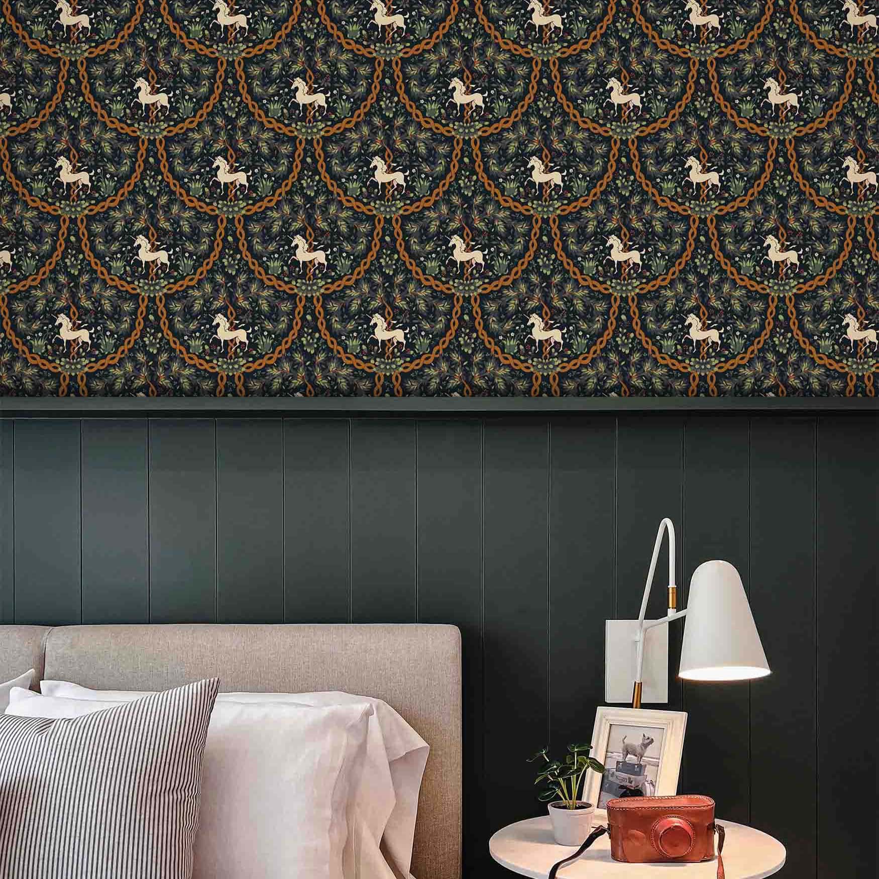 millefleur unicorn damask wallpaper mockup.